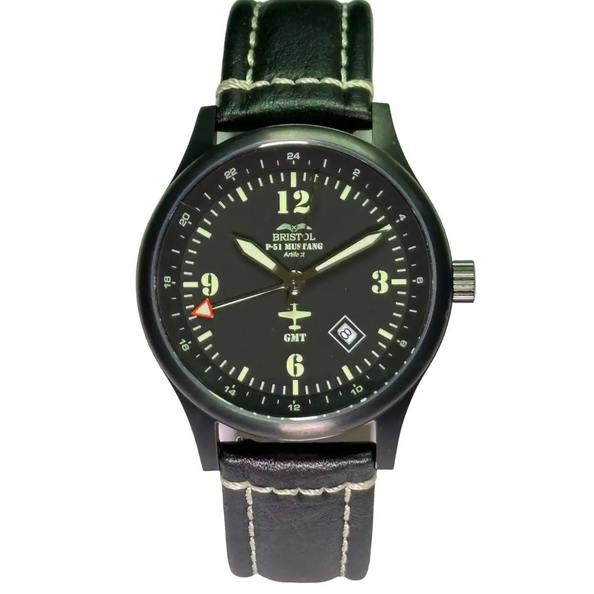 P-51 Mustang Tribute - Stainless Steel, Black Finish, Black Leather Band 1