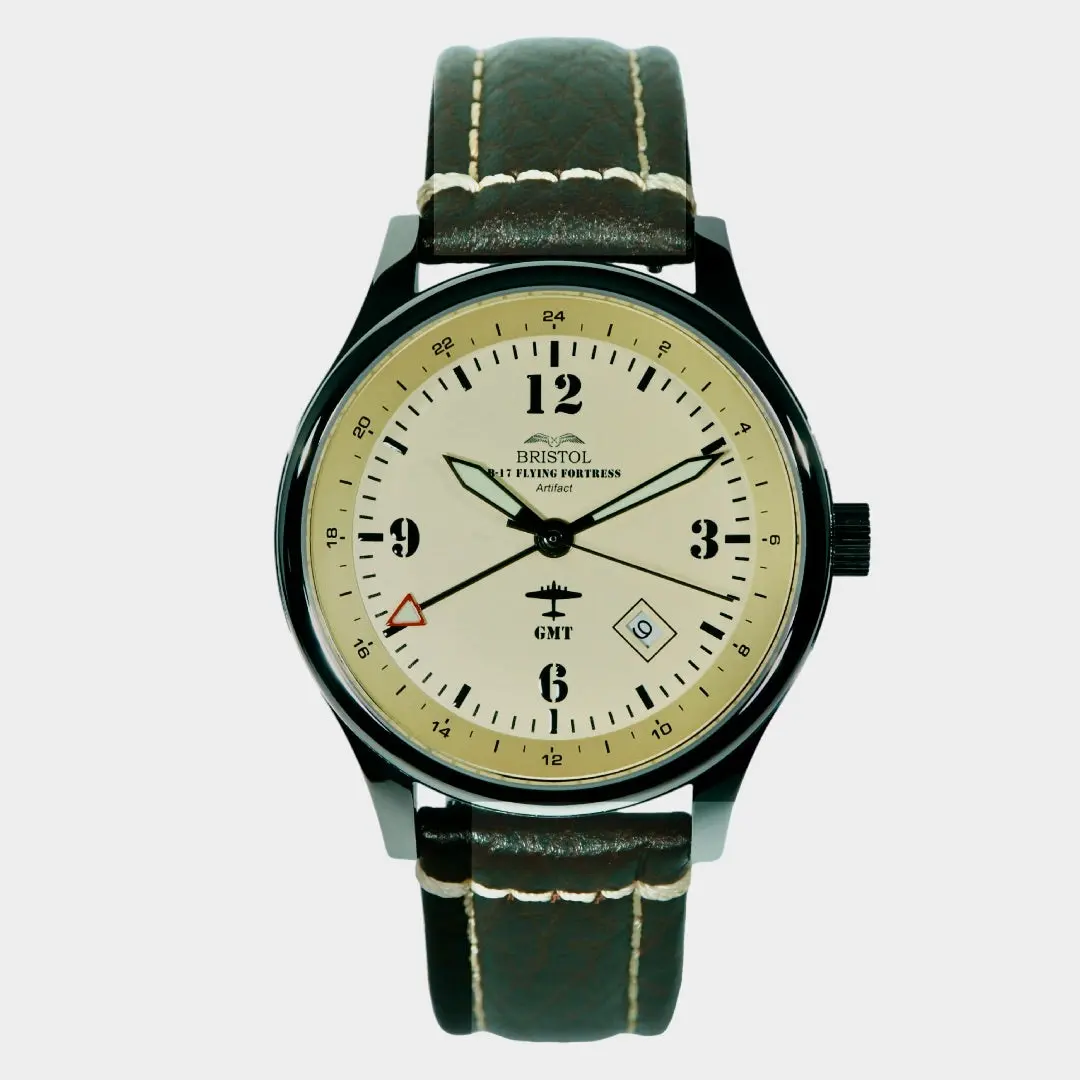 B-17 Tribute - Polished Finish, Beige Dial, Stainless Steel, Brown Leather Band With Stitching 1