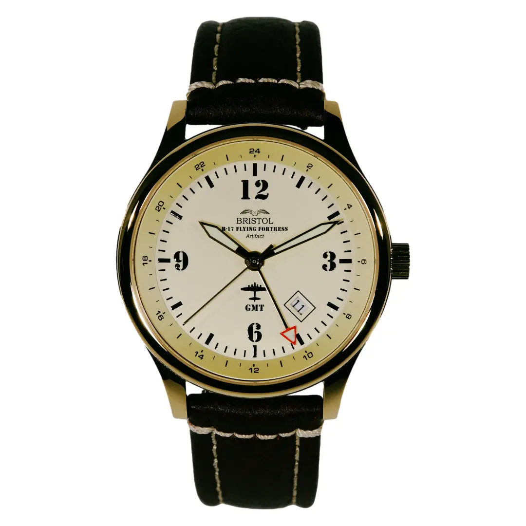 B-17 Tribute - Gold Finish, Beige Dial, Stainless Steel, Brown Leather Band With Stitching 1