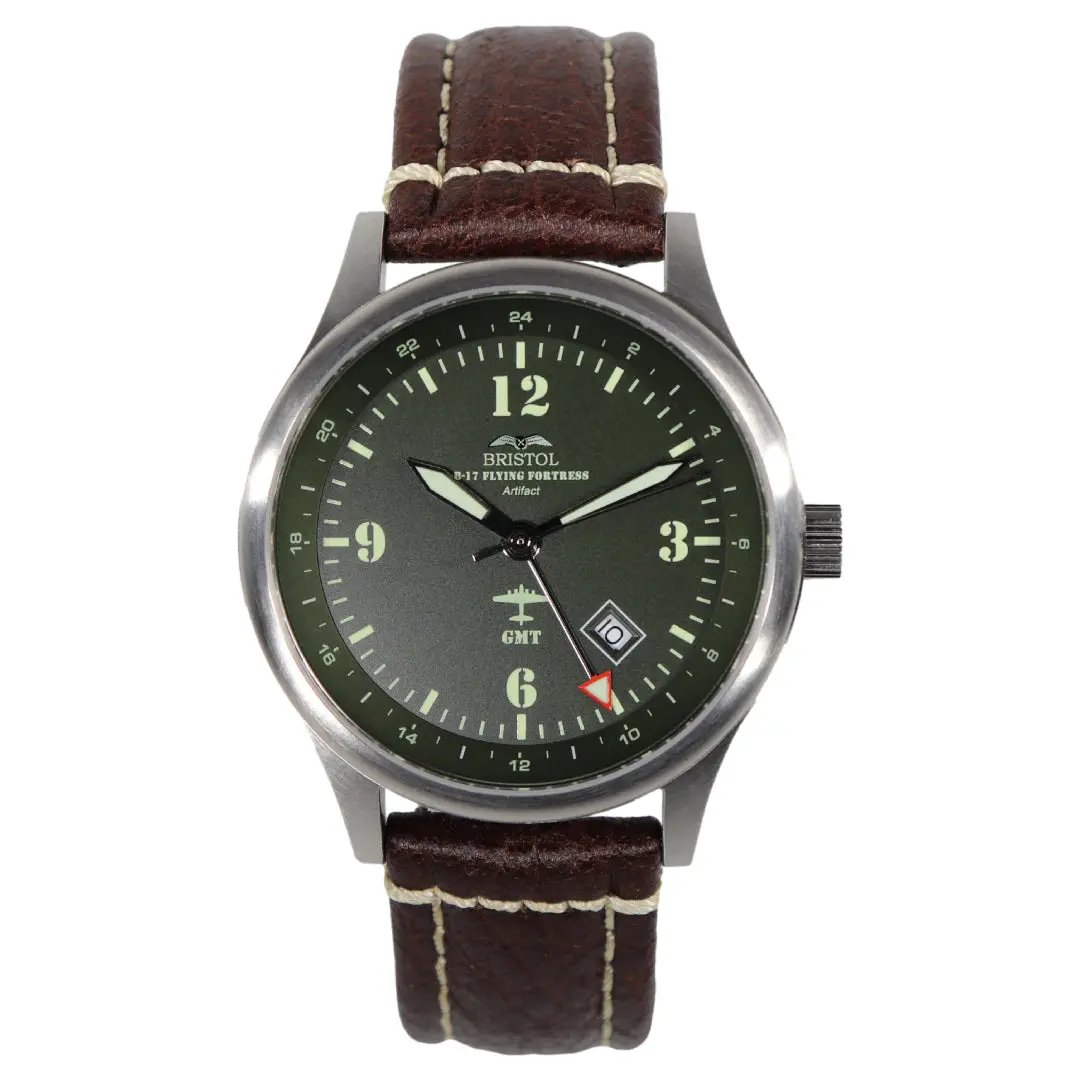 B-17 Tribute - Stainless Brush Finish, Dark Green Dial, Brown Leather Band With Stitching 1