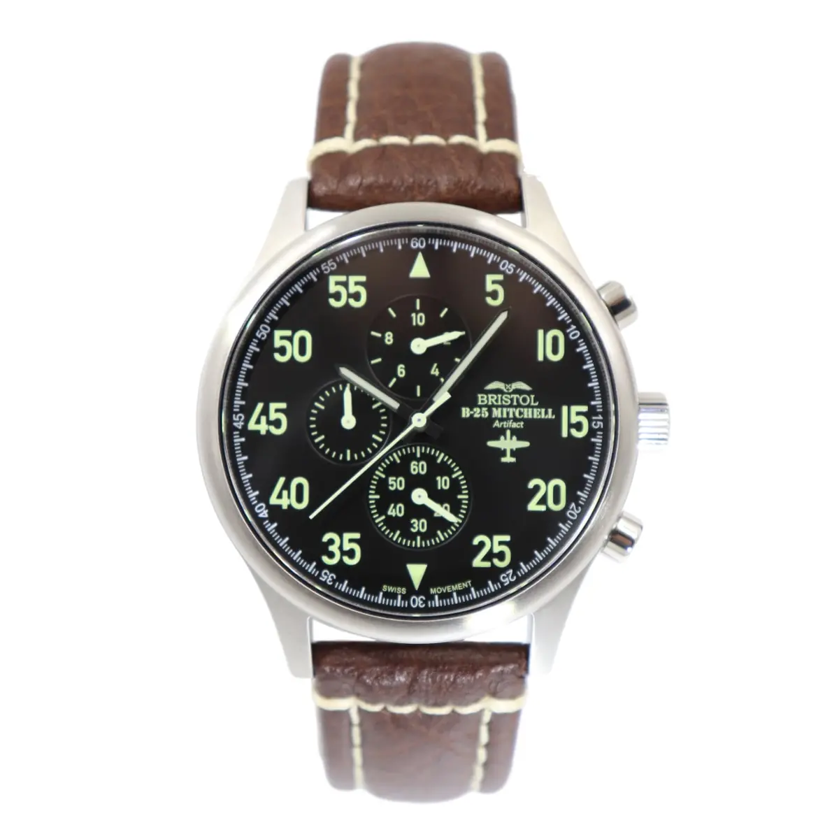B-25 Mitchell Tribute - Stainless Steel, Brush Finish, Black Dial, Brown Leather Stitched Band 1