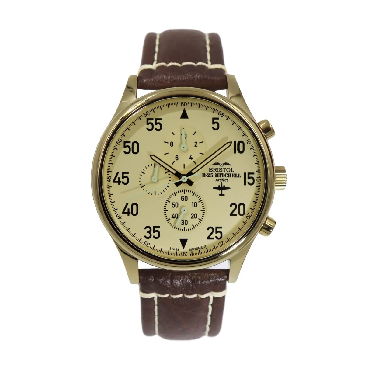B-25 Mitchell Tribute - Gold Finish, Beige Dial, Brown Leather Band With Stitching 1