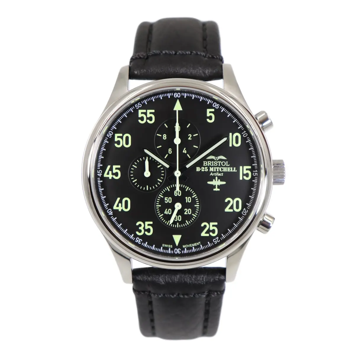 B-25 Mitchell Tribute - Stainless Steel, Polished Finish, Black Leather Band 1