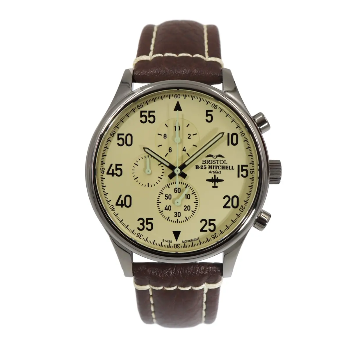 B-25 Mitchell Tribute - Stainless Steel, Polished Finish, Beige Dial, Brown Leather Band With Stitching 1