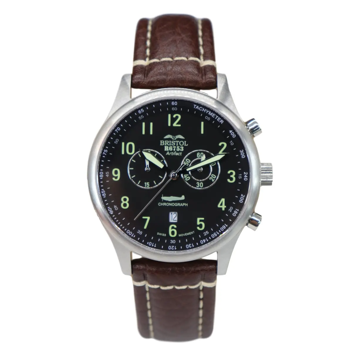 R6753 - Our Spitfire R6753 Tribute - Stainless Steel, Brush Finish, Brown Leather Band 1