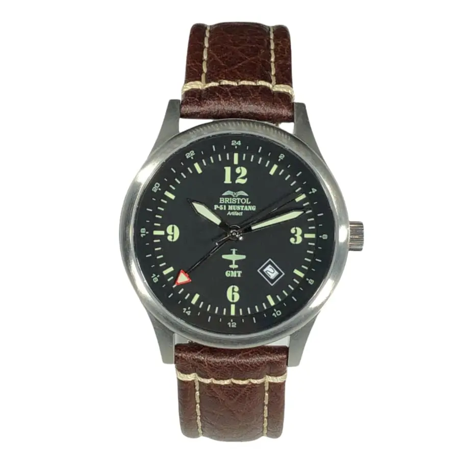 P-51 Mustang Tribute - Stainless Steel, Brush Finish, Brown Leather Band 1