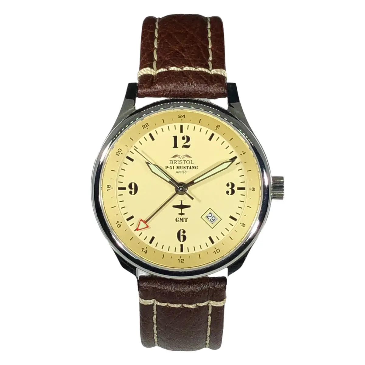 P-51 Mustang Tribute - Polished Finish, Beige Dial, Brown Leather Band 1