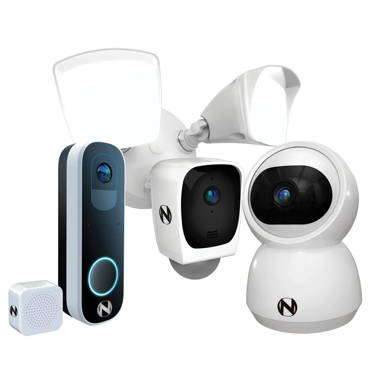 Home Video Security Starter Bundle W 2 Way Audio - Doorbell, Floodlight, And Indoor Pt Cam W 64Gb Memory X3 1