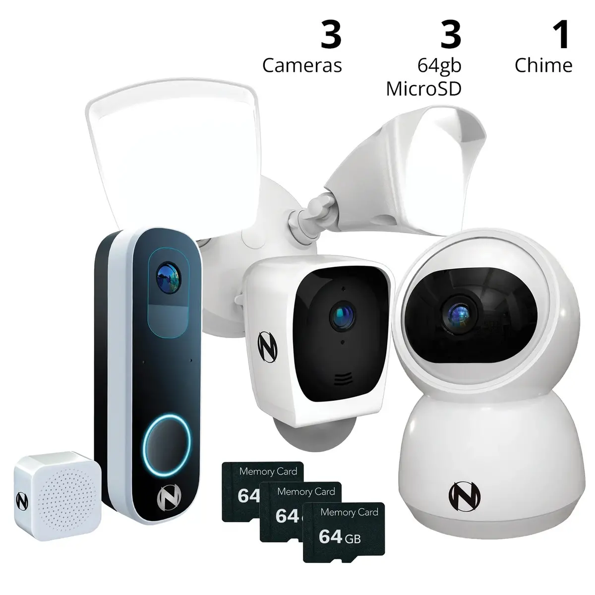 Home Video Security Starter Bundle W 2 Way Audio - Doorbell, Floodlight, And Indoor Pt Cam W 64Gb Memory X3 2