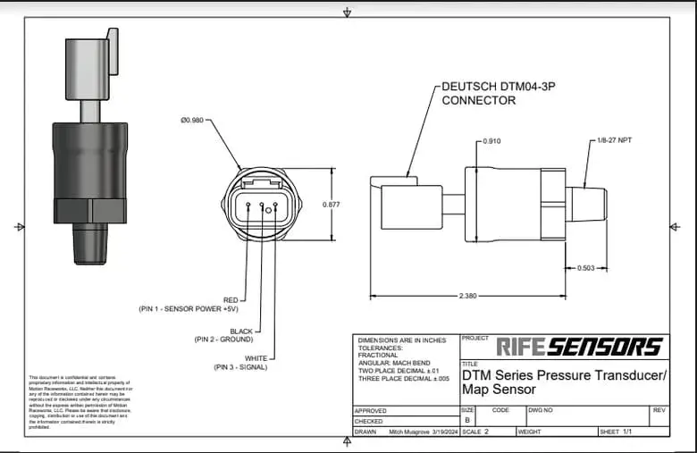 Tbm Brakes Rife 1600 Psi Dtm Series Pressure Sensor Transducer 1/8" Npt 1